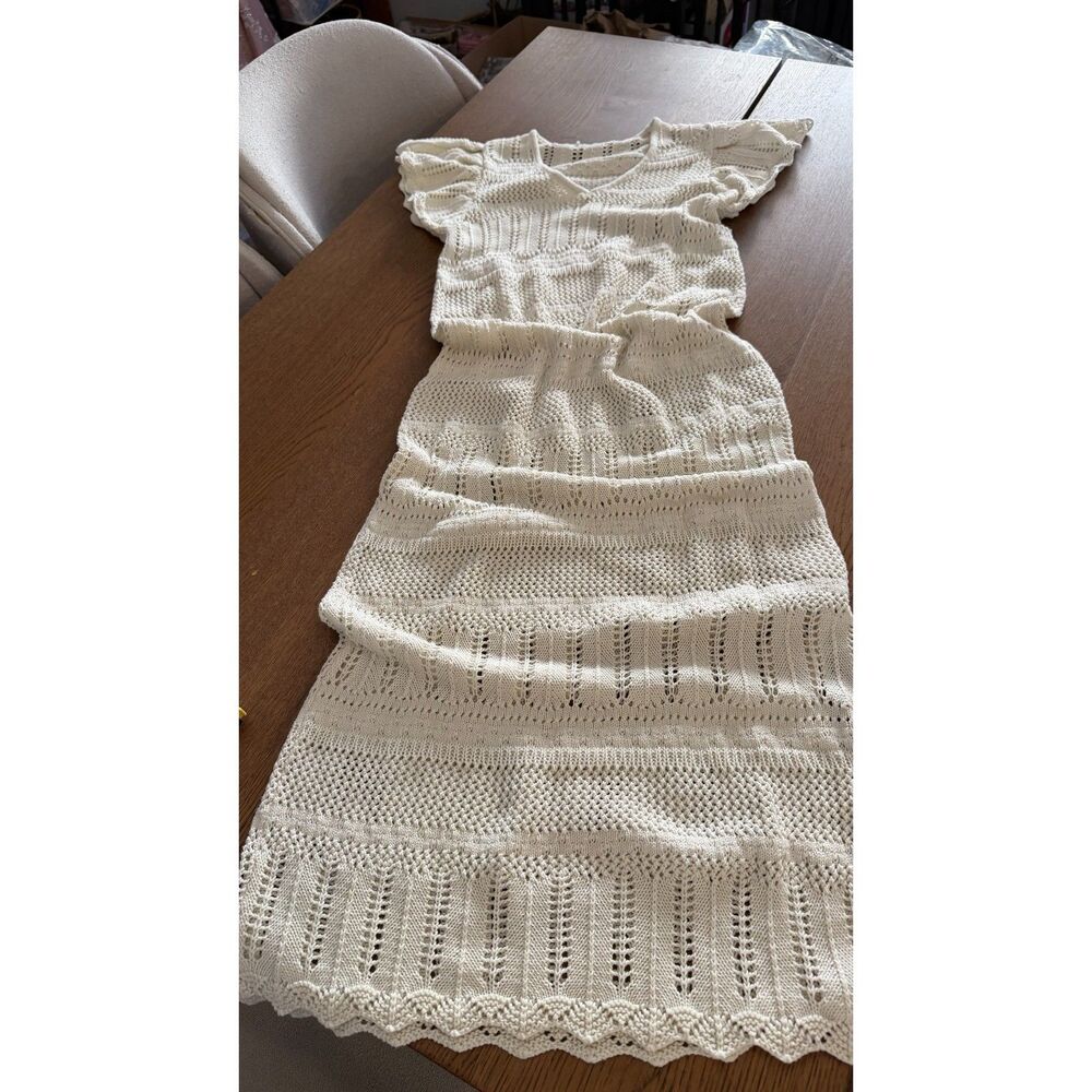 Boho Cottagecore Cream Crochet Knit Flutter Sleeve Pointelle Maxi Dress M